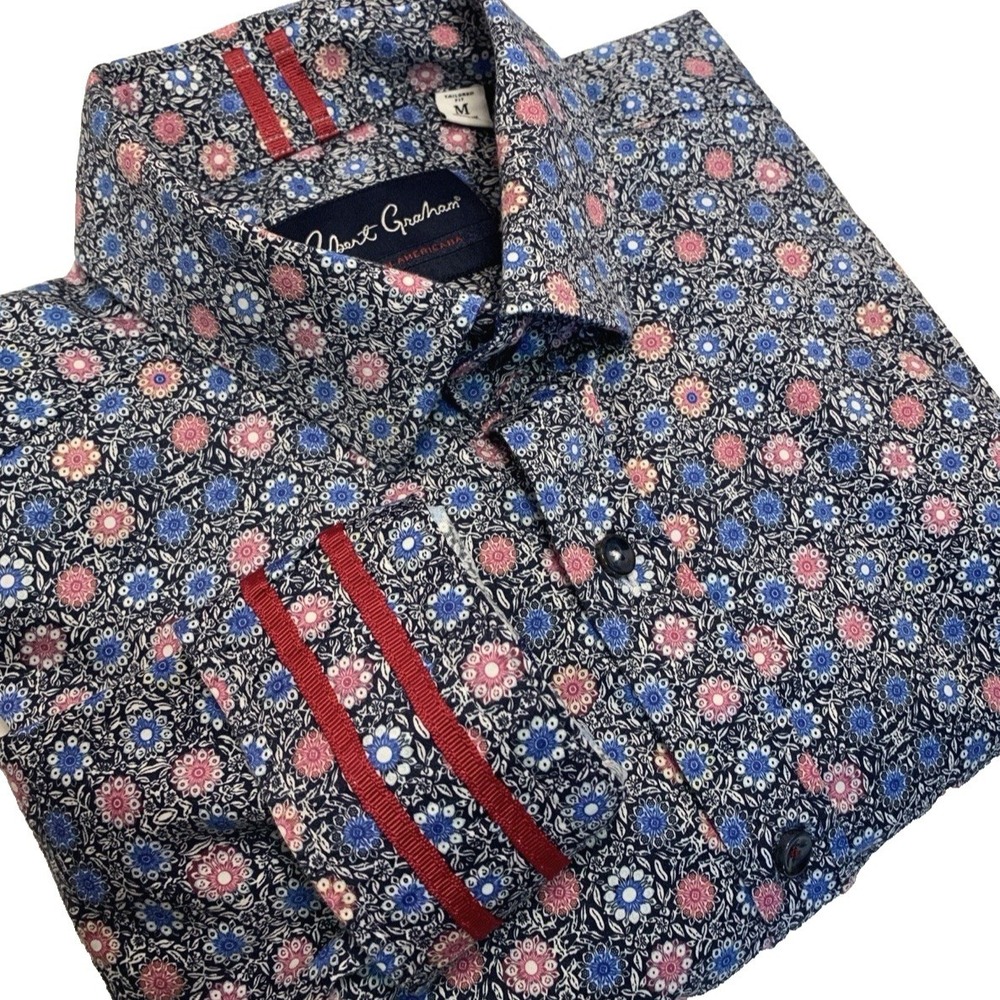 Robert Graham Men's M Tailored Fit Blue Floral Flip Cuff Long Sleeve Shirt